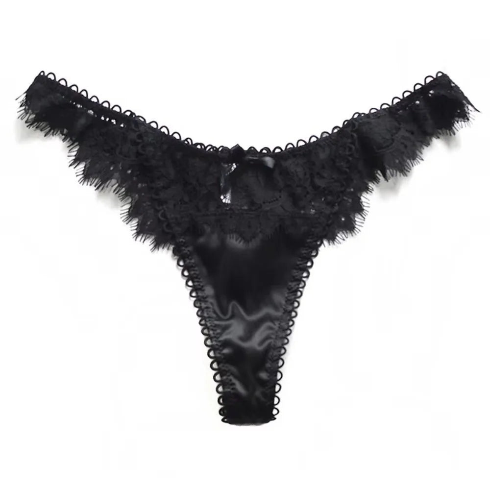 Sweet Romantic Lace Thongs Hollow Out Low-waist Underwear Women Qme Black S 1pc