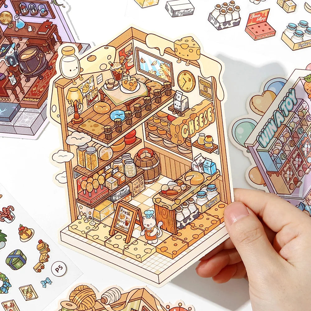 13 Pcs in 1 Book Cartoon 2.8D Landscape Sticker DIY Pocket Cabin Scene Stacking and Stick Stickers Gift for Kid Child Student Qme
