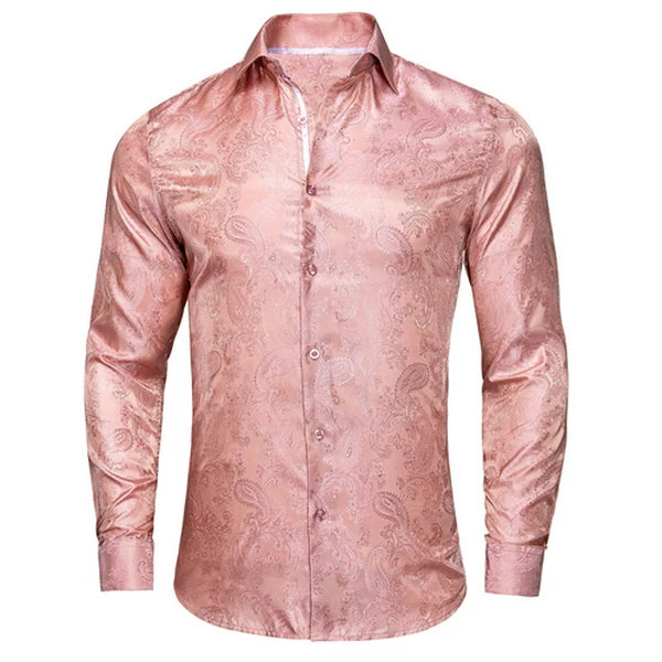 Single Paisley Long Sleeve Shirt Men, Pink or Apricot or White, Loose Collared Button Top For Daily Casual Outfit Qme