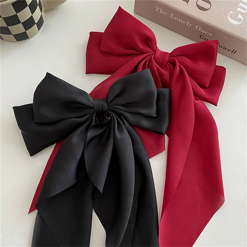 Elegant Bow Ribbon Hair Clip Fashion Simple Solid Satin Spring Pin Qme