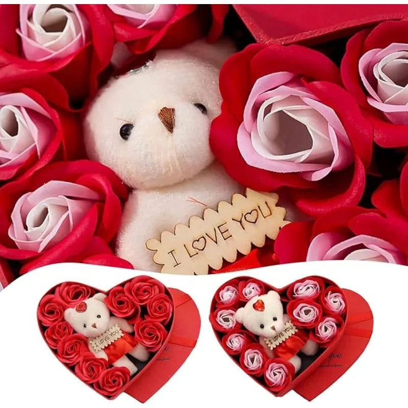 Valentine's Day 10 Floral Rose Artificial Flowers 1 Bear Box Qme