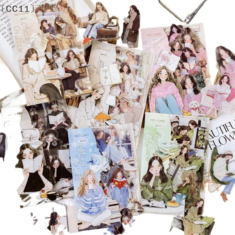 CC1130 Aesthetic Decals Labels Reading Girl Stickers Decorative Diary Qme