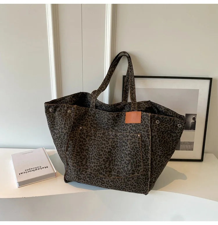 Large Capacity Leopard Print Fashion Shoulder Bag Women Simple Qme GRAY