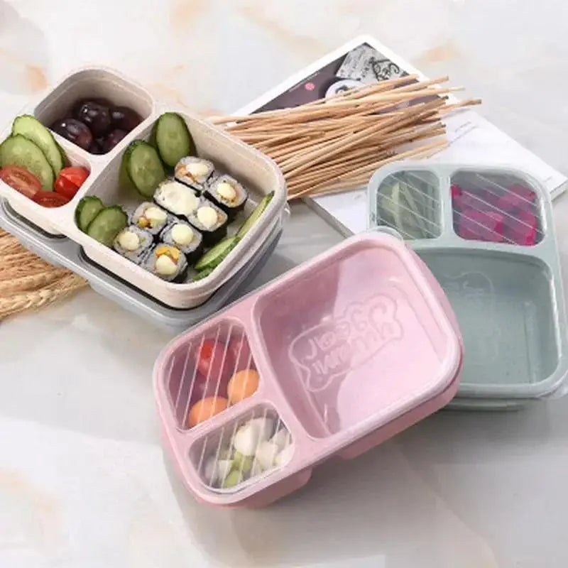 Portable Lunch Wheat Straw Box Single Layer 3 Grid Lid Microwave Food Qme