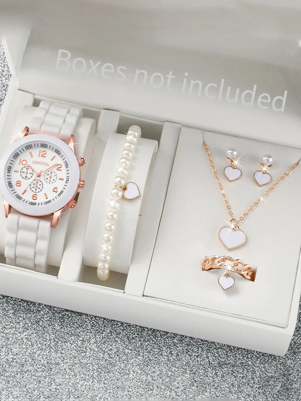 6PCS Women's Watch Fashion Silicone Band Quartz Watches Pearls Heart Jewelry Set（Without Box） Qme Boxes not included