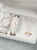 6PCS Women's Watch Fashion Silicone Band Quartz Watches Pearls Heart Jewelry Set（Without Box） Qme Boxes not included
