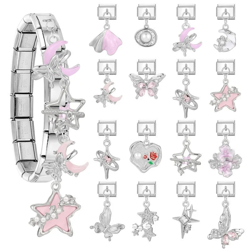 New 2026 Fashion Sweet Pink Moon Star Butterfly Pendant Italian Charm Links Fit 9MM Stainless Steel Bracelet DIY Making Gifts Qme