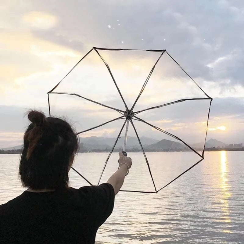 1pc-Korean Transparent Umbrella Folding Automatic Open And Close Umbrella Mori Three-fold Student Sunny Umbrella Qme