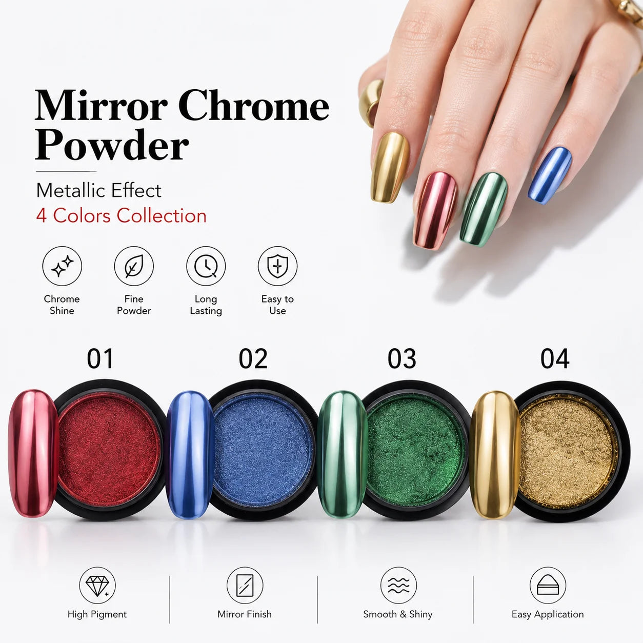 4 Colors Premium Mirror Nail Powder Metallic DIY Decorations Stone Qme