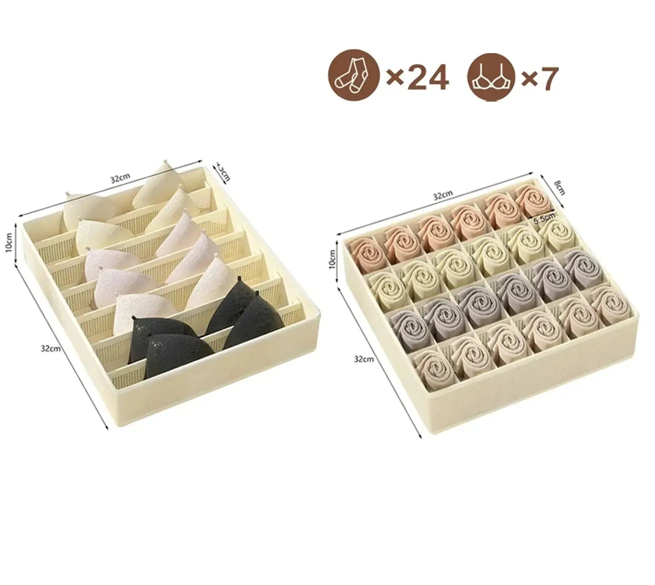 1-2Pcs Non-woven Fabric Underwear Storage Box Socks Clothes Storage Organizer Drawer Type Three-piece Set for Home Organization Qme 7grid 24grid beige
