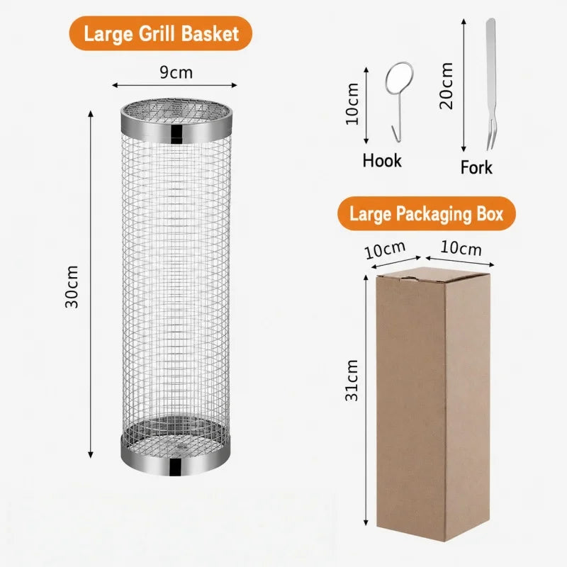 Stainless Steel Cylinder Rolling Grilling Basket Portable Round BBQ Rack Wire Mesh Barbecue Grate for Outdoor Camping Picnic Qme 30cm With Fork