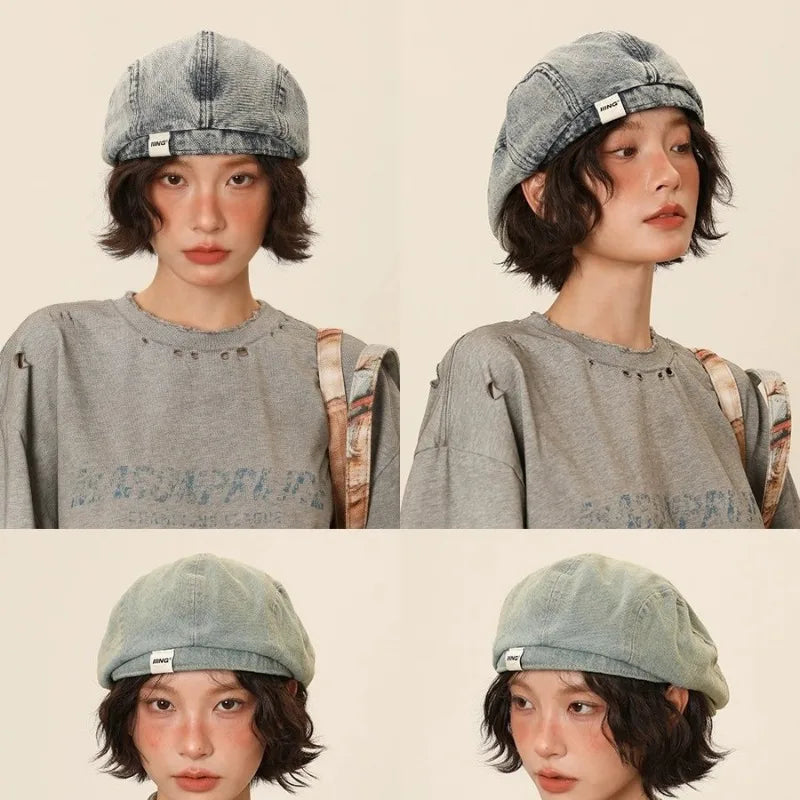 Retro Denim Beret Women's Summer Versatile Washed Old Big Head Qme