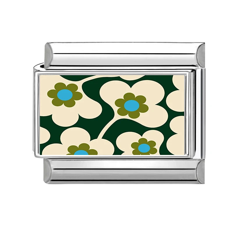 Fashion Oil Painting Green Background Color Flowers Italian Charm Links Fit 9mm Stainless Steel Bracelet Jewelry DIY Making Bead Qme Style 35