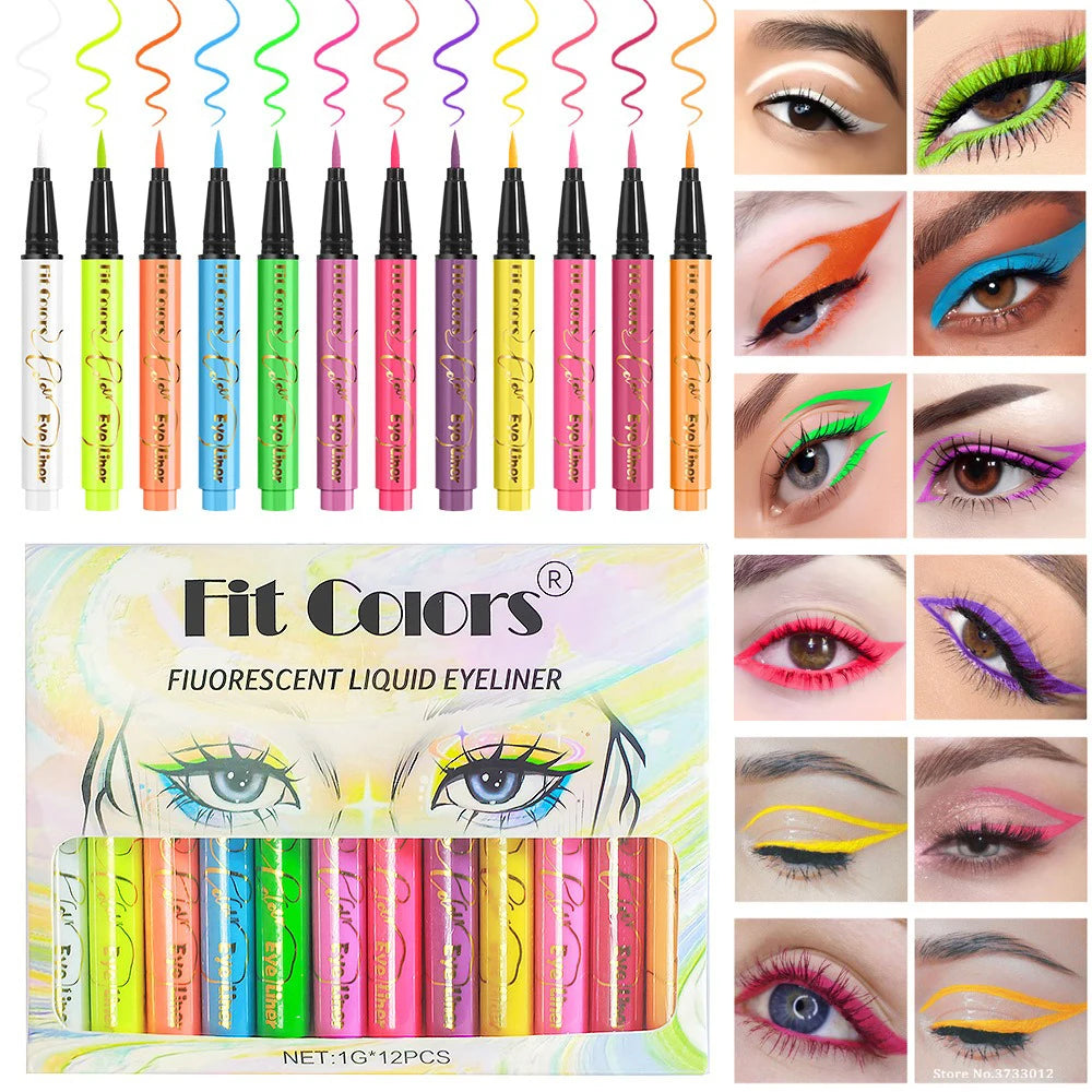 12Colors Liquid Eyeliner Neon Colored Halloween Liner Eyeliner Pen Waterproof UV Blacklight Fluorescent Face Body Paint Makeup Qme