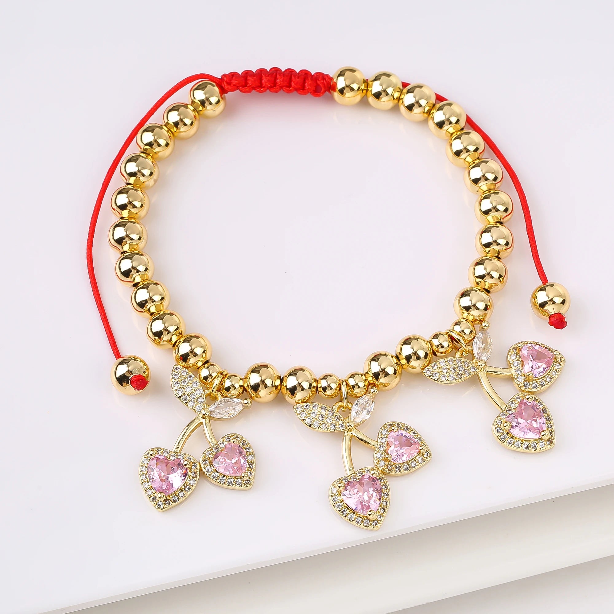 Gold-Plated Copper Bead Chain Braid Crystal Red Cherry Bracelet for Woman Female Daily Party Wrist Jewelry Friendship Gift Qme 15