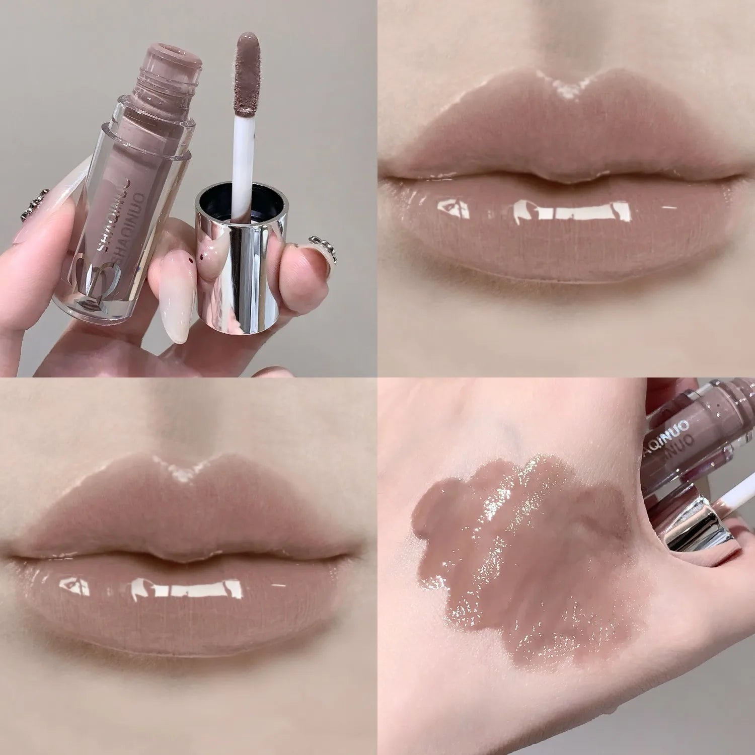 SHAQINUO Water Light Mirror Lip Gloss Lasting Moisturizing Cool Black Silver Gray Pearlescent Fine Sparkling Lipstick Lip Oil Qme S9137-03