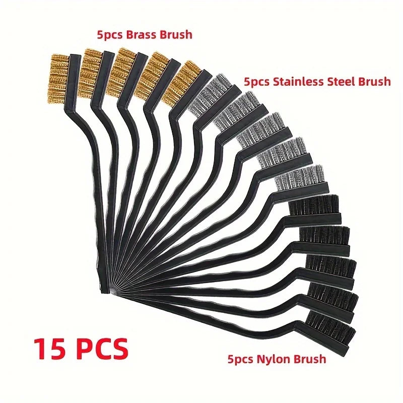 A 15-piece wire brush set (stainless steel + brass + nylon) curved brush set for cleaning, welding slag and rust removal Qme 15pcs