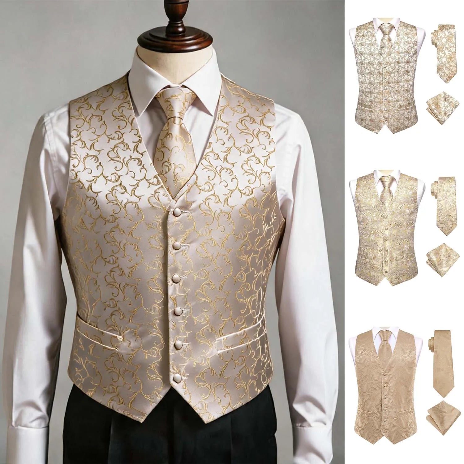 Apricot Men Vest Three-Piece Suit Set, Dress Waistcoat with Tie and Pocket Square for Party Ceremony Qme