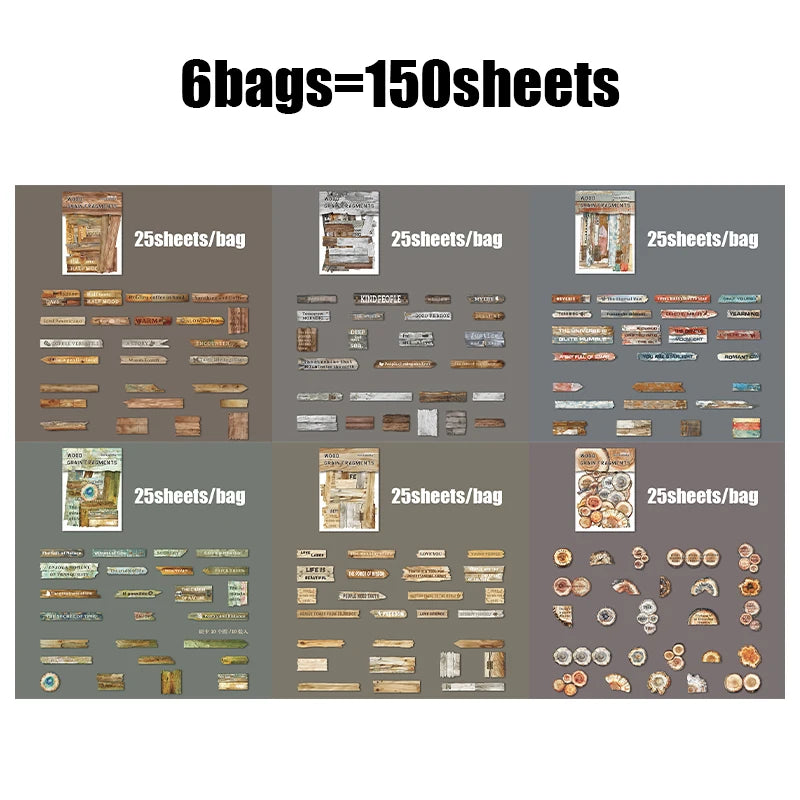 25 Sheets/Bag Wood Grain Tree Rings Themed Embossed Hard Card Stickers for DIY Scrapbook Phone Case Decoration Student Reward Qme