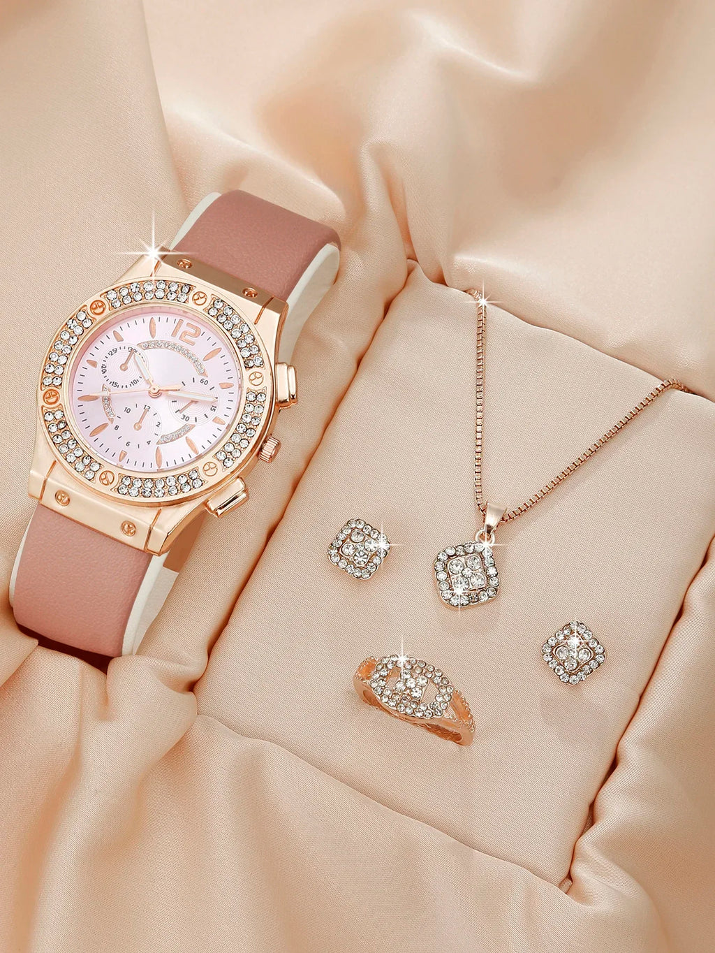 5PCS Set Fashion Women Watches Simple Ladies Business Leather Quartz Watch Womens Necklace Earrings Wristwatch Qme