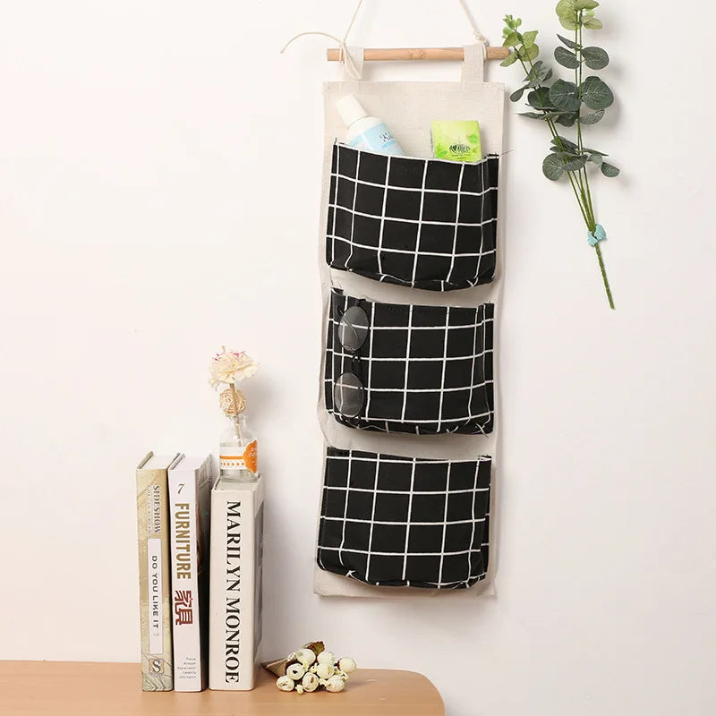 Three Pockets Hanging Wall Storage Bag Household Bedroom Living Room Kitchen Cotton Linen Storage Bag Qme