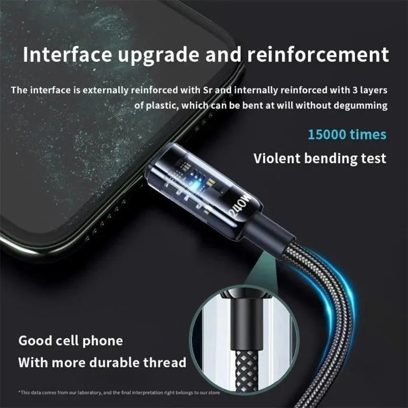 240W Fast Charging Line 10A USB A To Type C Interface Nylon Braided Transparent Type C Highspeed Charger Wire For iPhone Samsung Qme