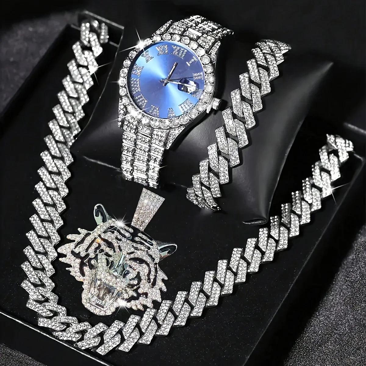 Trendy Men's Popular Tiger Head Cuban Chain Four Piece Set | Street Hip Hop Style Watch Necklace Bracelet Pendant Set Qme Multicolor