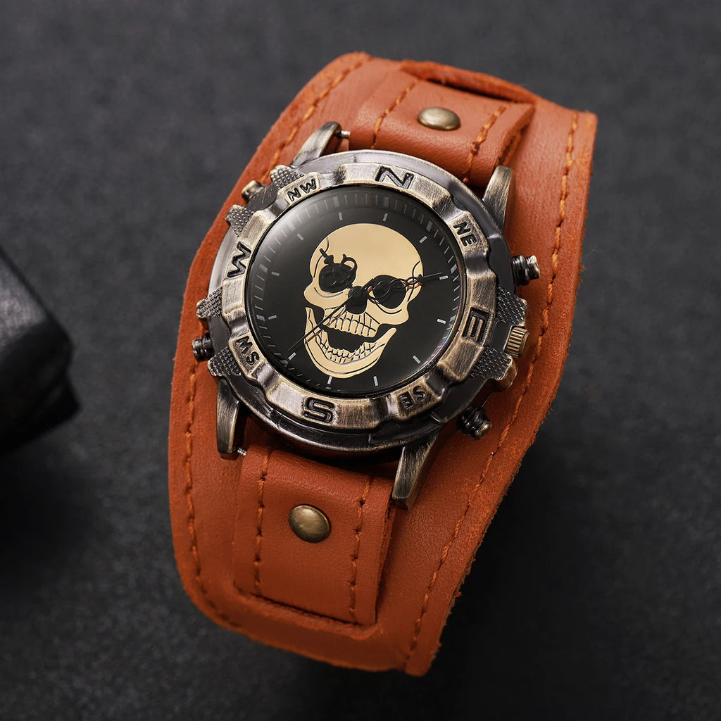 Vintage Skull Men Watch Wide Leather Strap Compass Bezel Punk Style Large Dial Quartz Wrist Watch for Male Qme