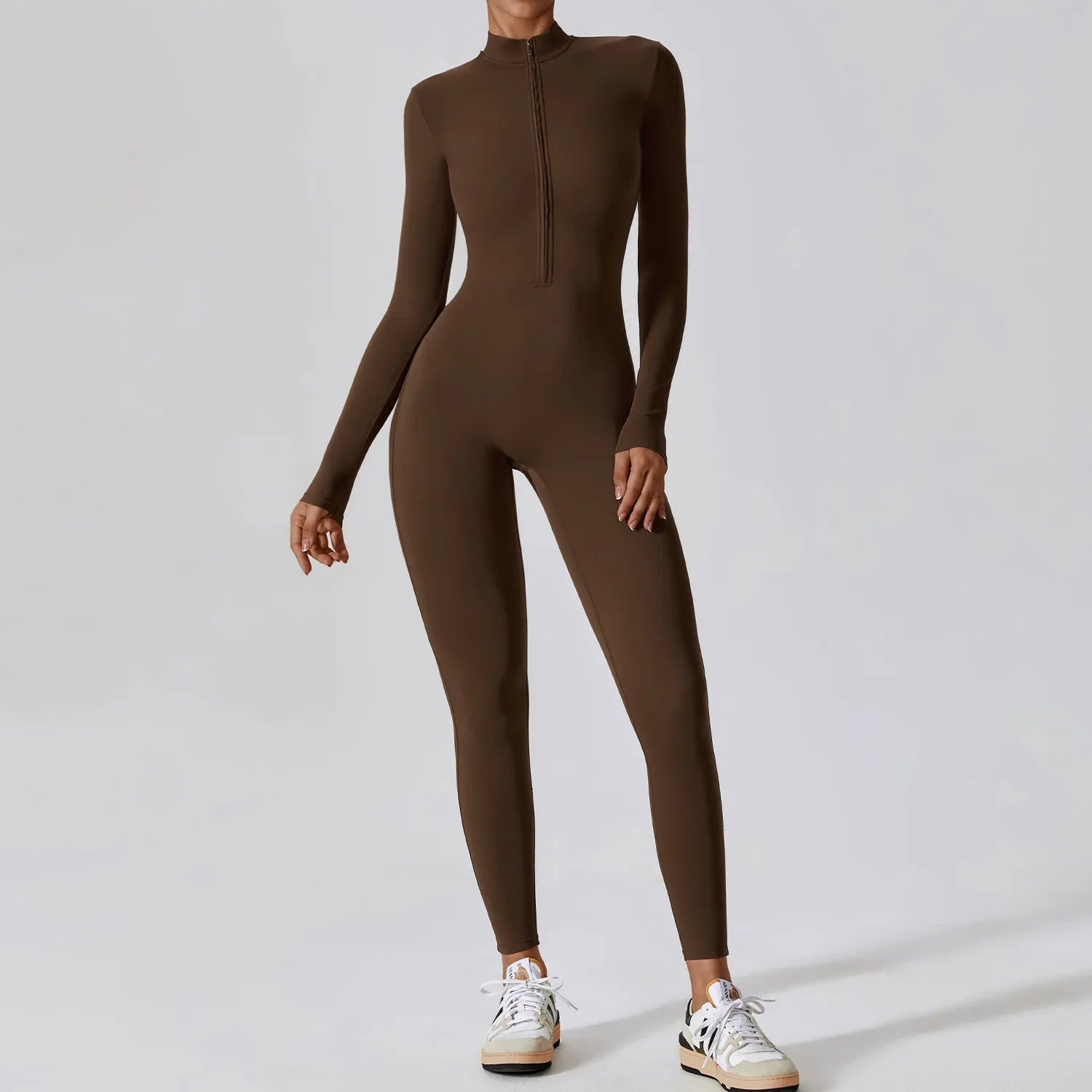 A Naked zipper short sleeved yoga suit jumpsuit, quick drying breathable outdoor sports tight fitting jumpsuit, fitness suit Qme L Roasted tea coffee