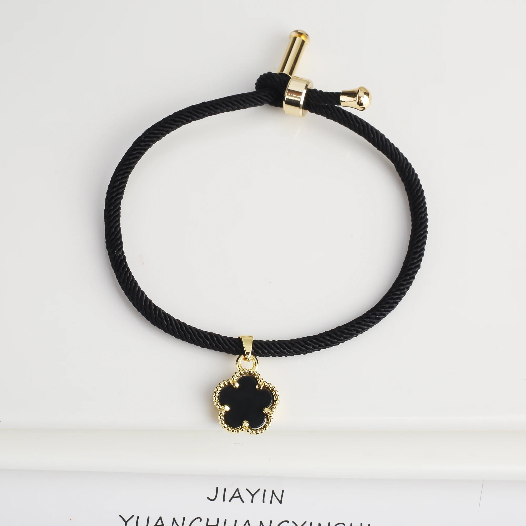 Simple Black Rope Braided Natural Stone Five Leaf Flower Bracelet Classic for Woman Girl High Quality Party Jewelry Gift Clover Qme Black