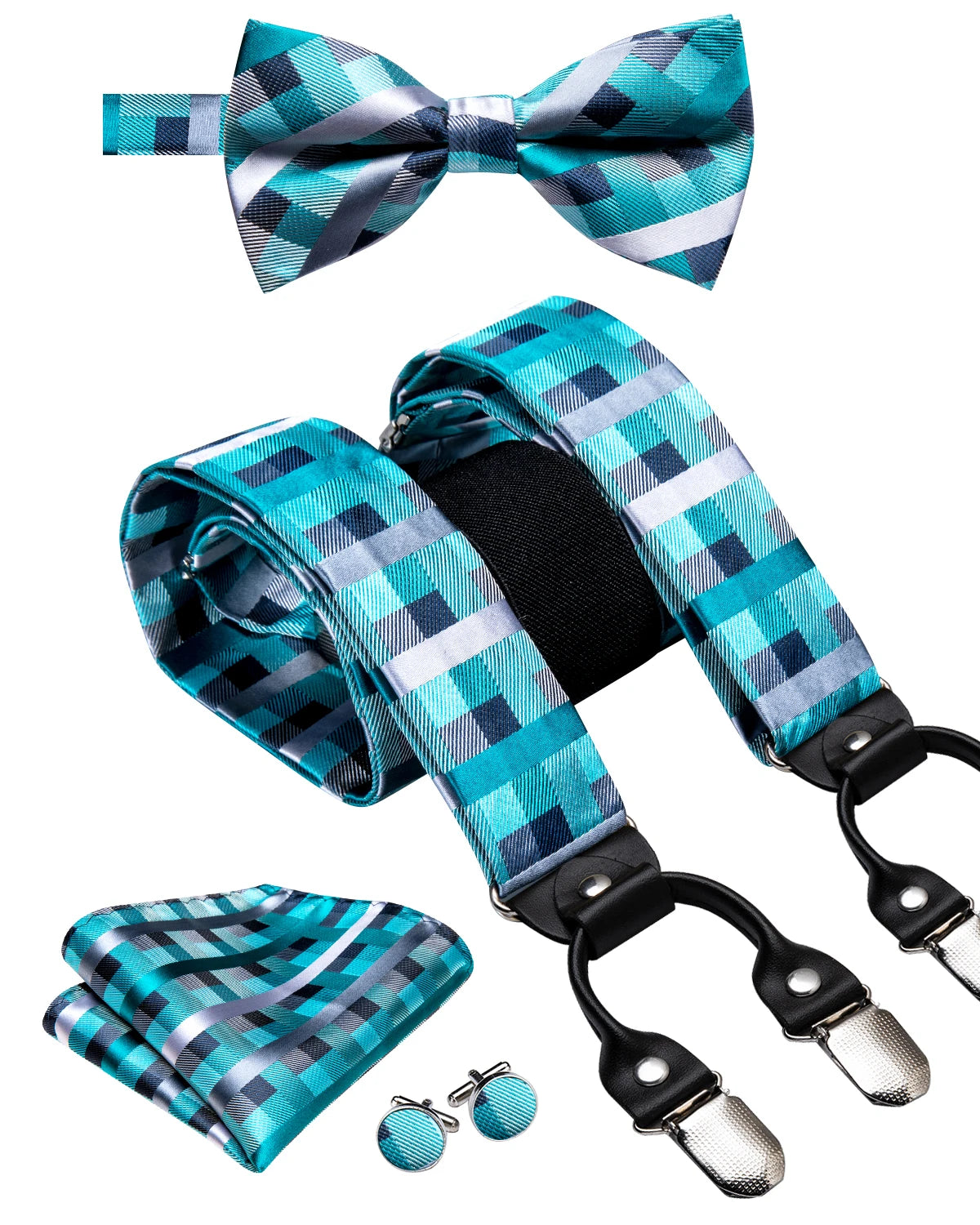 Hi-Tie Silk Men's Suspender Metal 6 Clips on Braces Bow Tie Hankerchief Cufflinks Male Wedding Party Business Vintage Adjustable Qme BD-3058