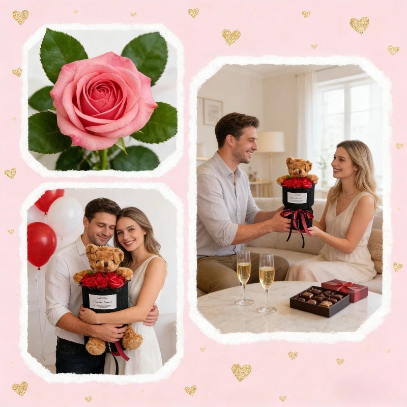 Valentine's Day Rose Bear Bouquet Artificial Flower Cute Decor Qme