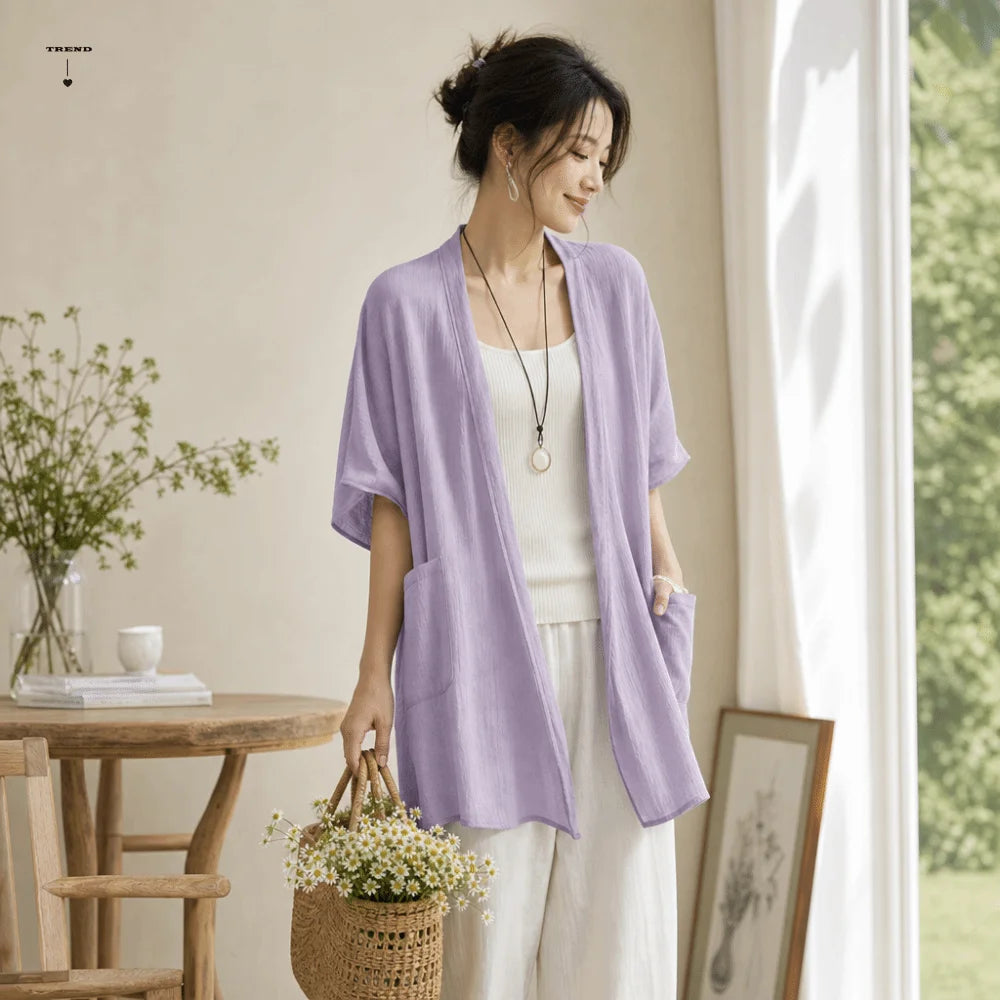 Solid Short Sleeved Linen Cardigan Loose Front Opening Summer Shirt Qme
