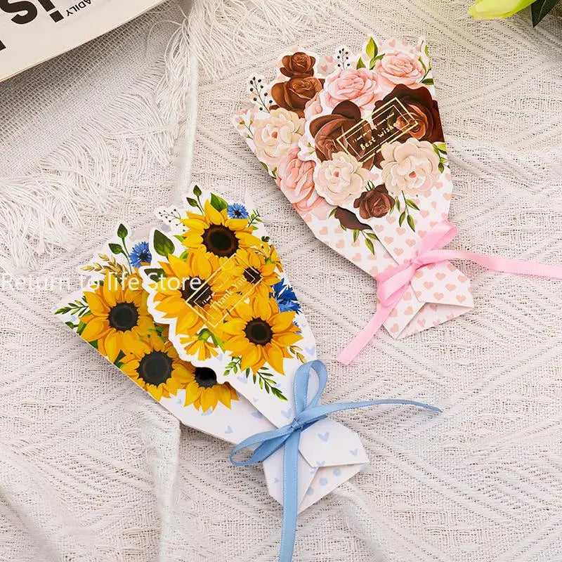 3D Bouquet Bow Hot Stamping Greeting Card Valentine's Day Wedding Bouquet Invitation Letter Holiday Blessing Gift Message Card Qme