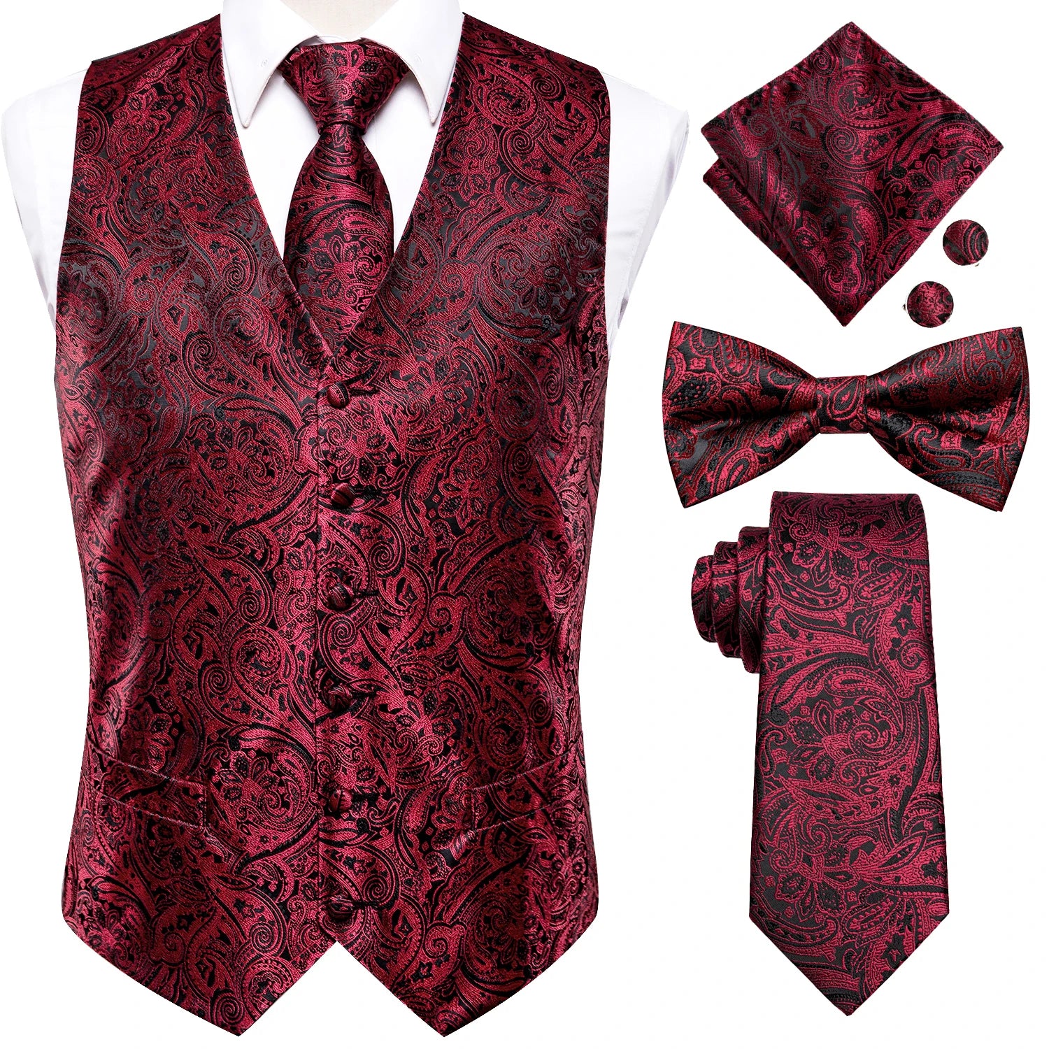Hi-tie Mens Vests Red Blue Green Gold Waistcoat Tie Bowtie Hanky Qme 0024-0574 M