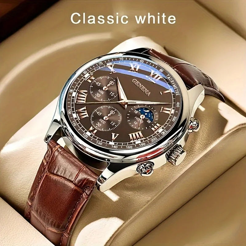 Geneva Silver Case Moon Phase Triple Sub-dial Brown Leather Watch Qme