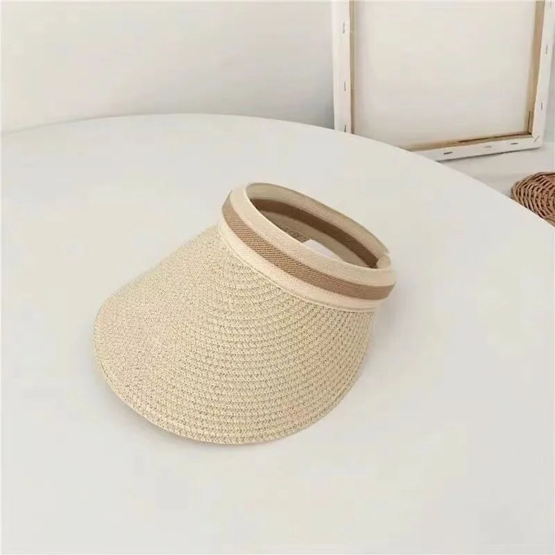 Womens Straw Sun Hat Wide Brim UV Protection Summer Beach Visor Qme Beige One Size