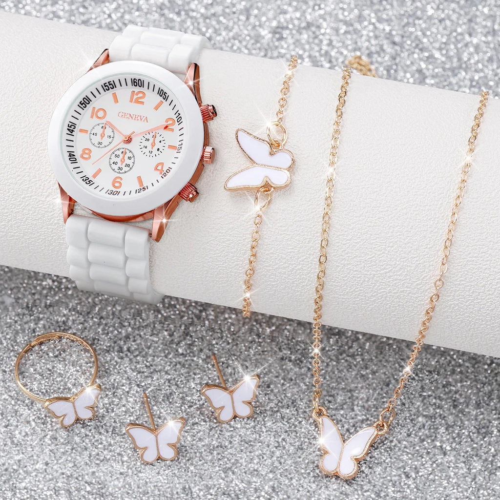 Mulheres Relógio Quartzo de Genebra, Pulseira de Silicone, Conjunto de Jóias Borboleta sem Caixa, Fashion, 5 peças por conjunto Qme