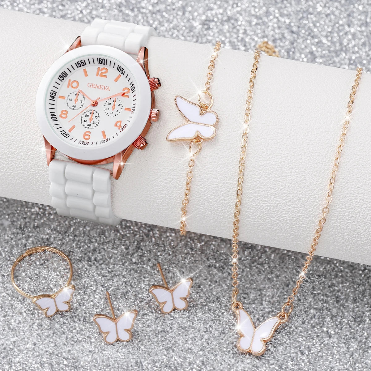 Mulheres Relógio Quartzo de Genebra, Pulseira de Silicone, Conjunto de Jóias Borboleta sem Caixa, Fashion, 5 peças por conjunto Qme