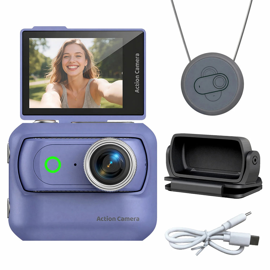 Compact Panoramic Action Camera Anti-Shake Portable Outdoor Travel Camera With Magnetic Neck Strap for Vlog Recording & Selfie Qme Blue