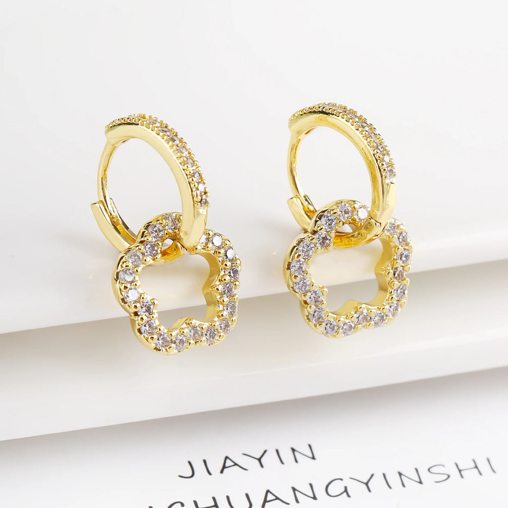 New Women'S Luxury Plum Blossom Drop Earrings Fashion Five-Leaf Flower Zircon Earrings Temperament For Woman Wedding Jewelry Qme Gold