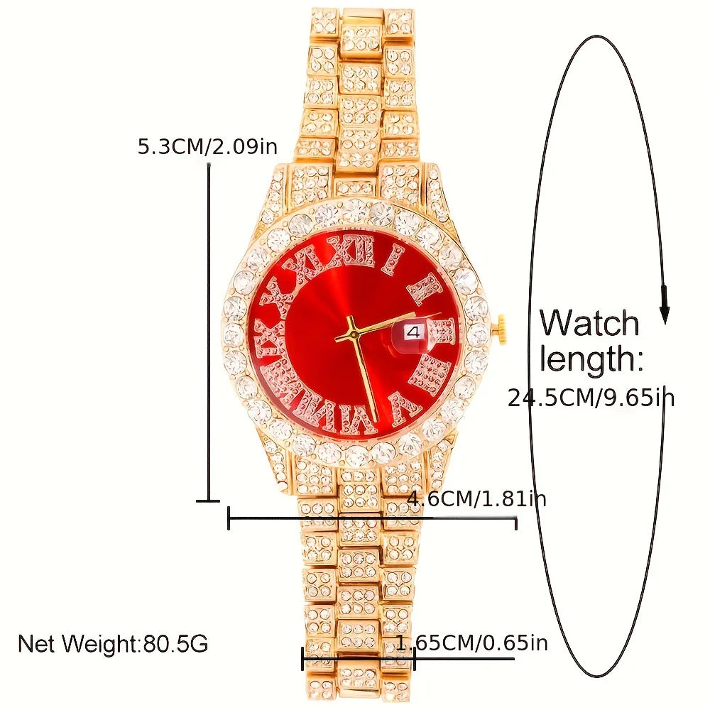 Men's Hip hop Cuban Chain Watch Set Hip hop Big Dog Chain Large Dial Roman Inlaid Diamond Men's Quartz Watch Qme