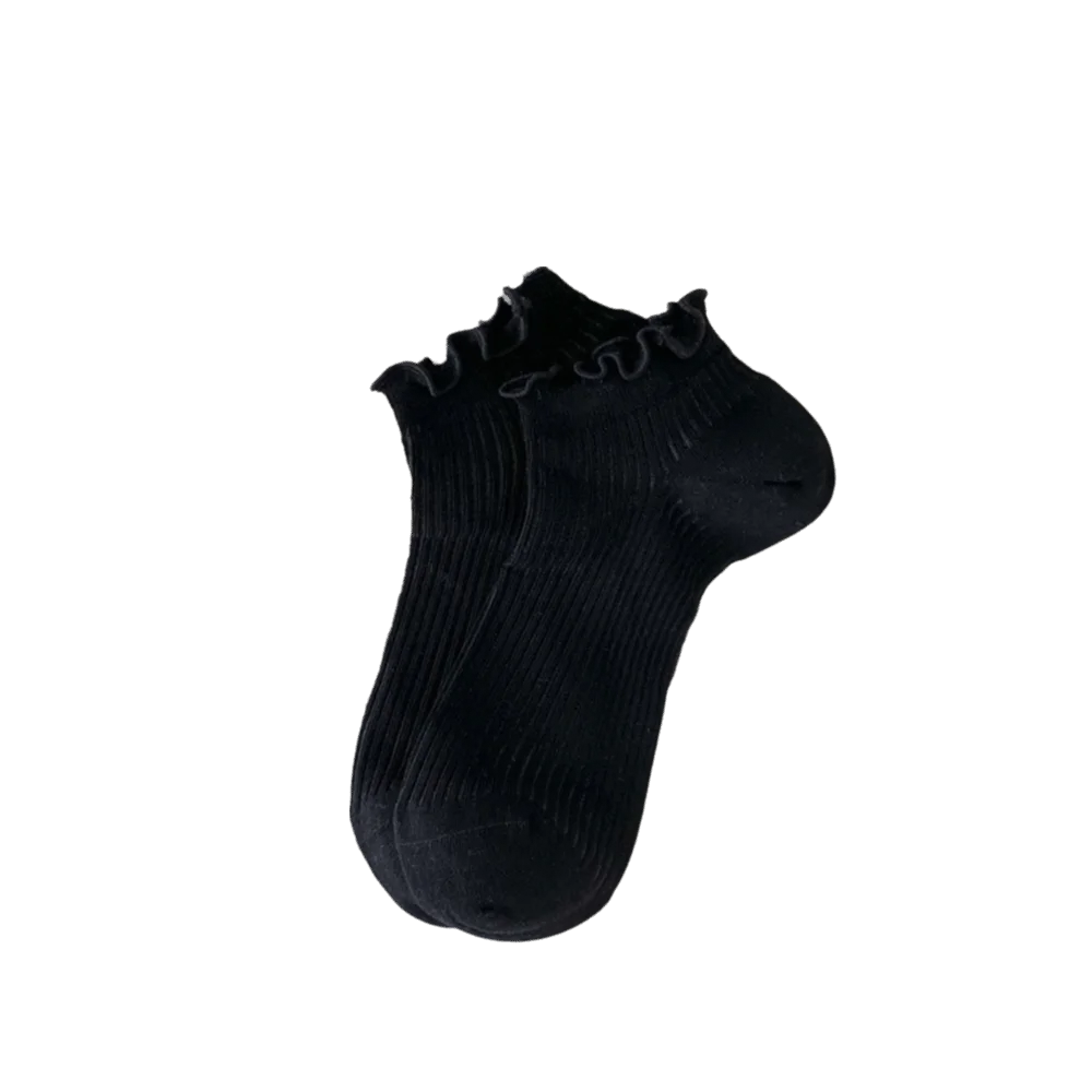 Korean Fashion Candy Ankle Socks Ruffle Mid-calf Women's Breathable Qme Black One Size