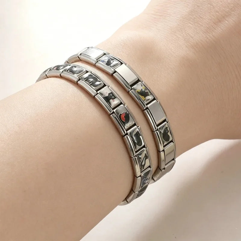 2026 Versatile New Black Pattern Cute Heart Cats Dogs Italian Style Bracelet 9mm Stainless Steel Modular DIY Bracelet Wholesale Qme