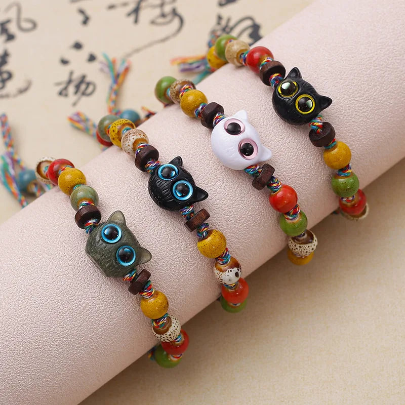 b84 Big Eyed Cat with Colorful Woven Drawstring Ceramic Bracelet Vintage Jingdezhen Handmade Bead String Jewelry Accessories Qme