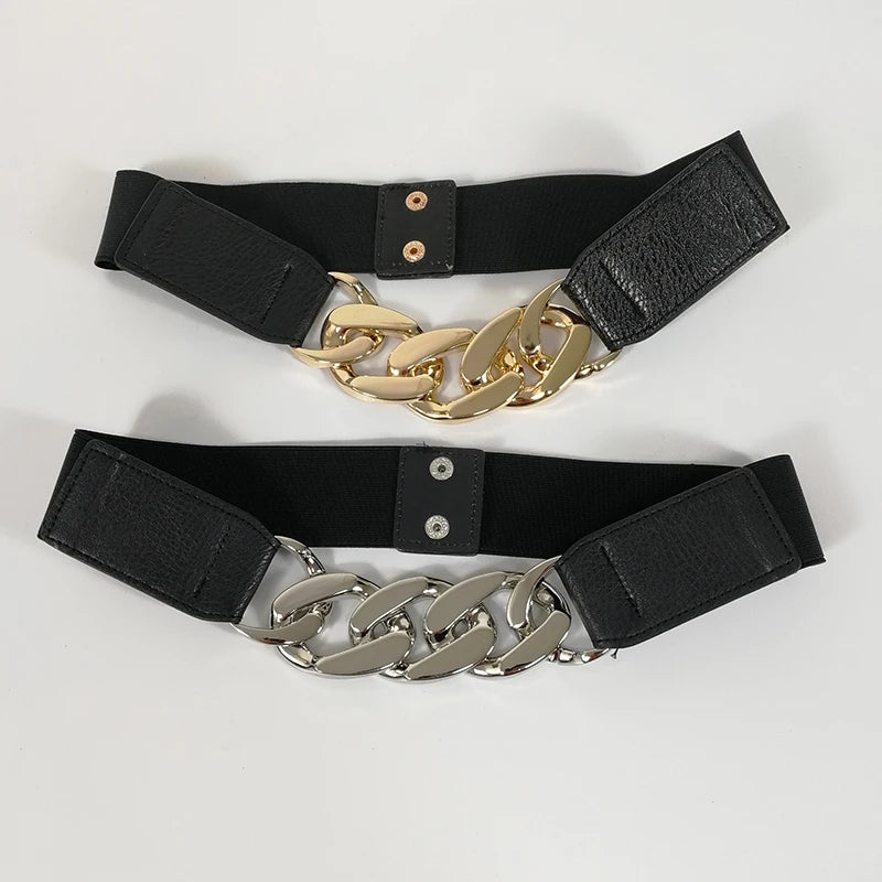Elastic Wide Metal Chain Buckle Belt Lady Girls PU Leather Rivet Qme