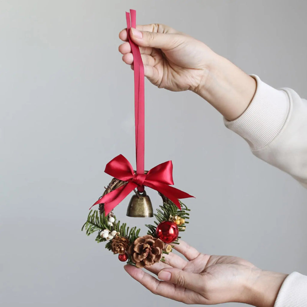 Christmas Wreath Mini Bell Bow Decor Artificial Holiday Garland Qme