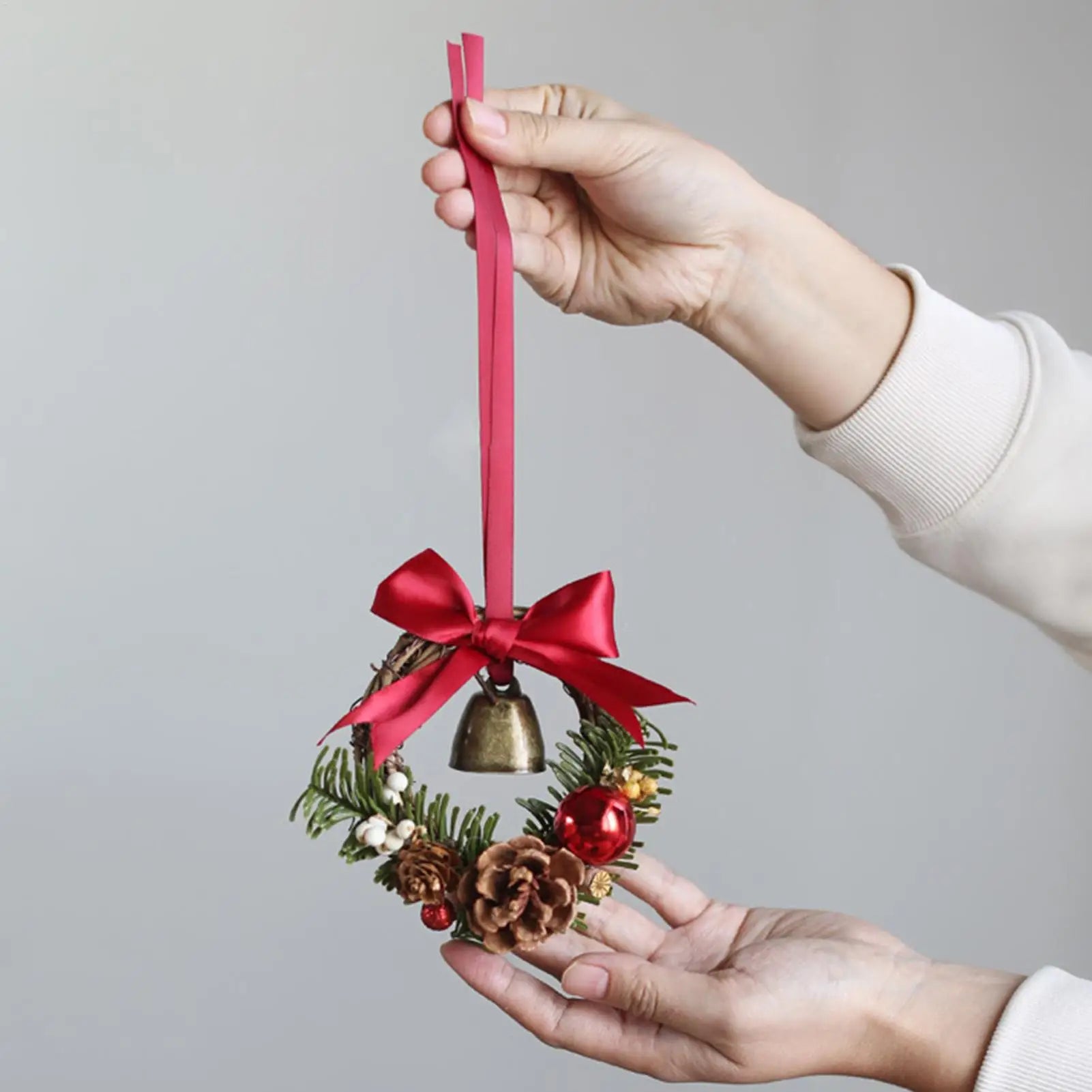 Christmas Wreath Mini Bell Bow Decor Artificial Holiday Garland Qme