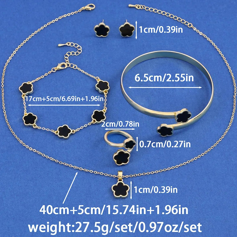 5PCS Five Leaf Flower Jewelry Set Bracelet Necklace Earrings Ring Bangle Classic for Woman Girl Party Brand Jewelry Gift Clover Qme