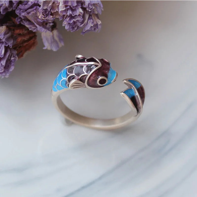 NEW Vintage Fashion Koi Fish Open Ring for Women Lucky Adjustable Holiday Ring Fish Leaping Over The Dragon Gate Jewelry Gift Qme Koi carp China Mainland resizable